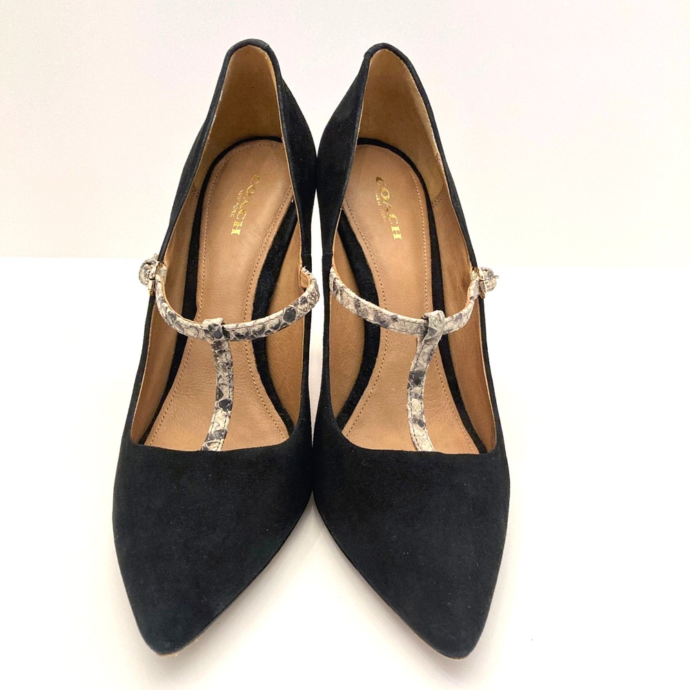 Coach Fulton Black Suede T-Strap Pumps Womens 9.5‎ M Heels Snakeskin Stiletto
